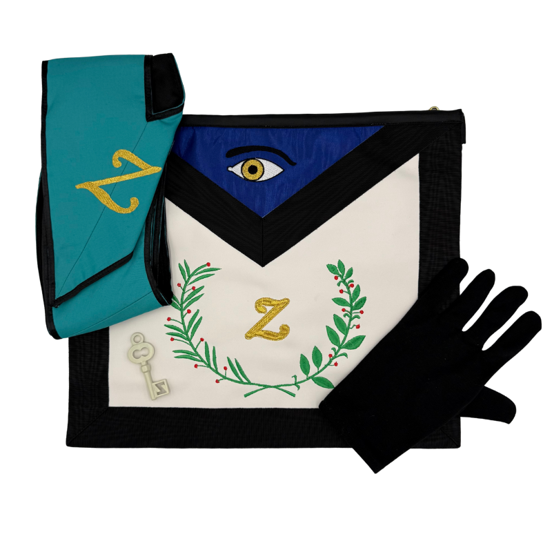 Ensemble Maître Secret 4° Degré REAA - Tablier, Sautoir, Bijou et Gants Noirs (S)