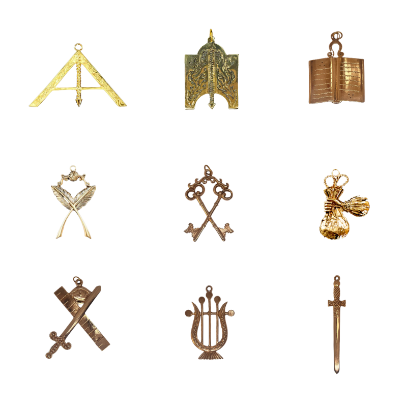 Ensemble 9 Sautoirs et Bijoux Officiers - Rite de Memphis